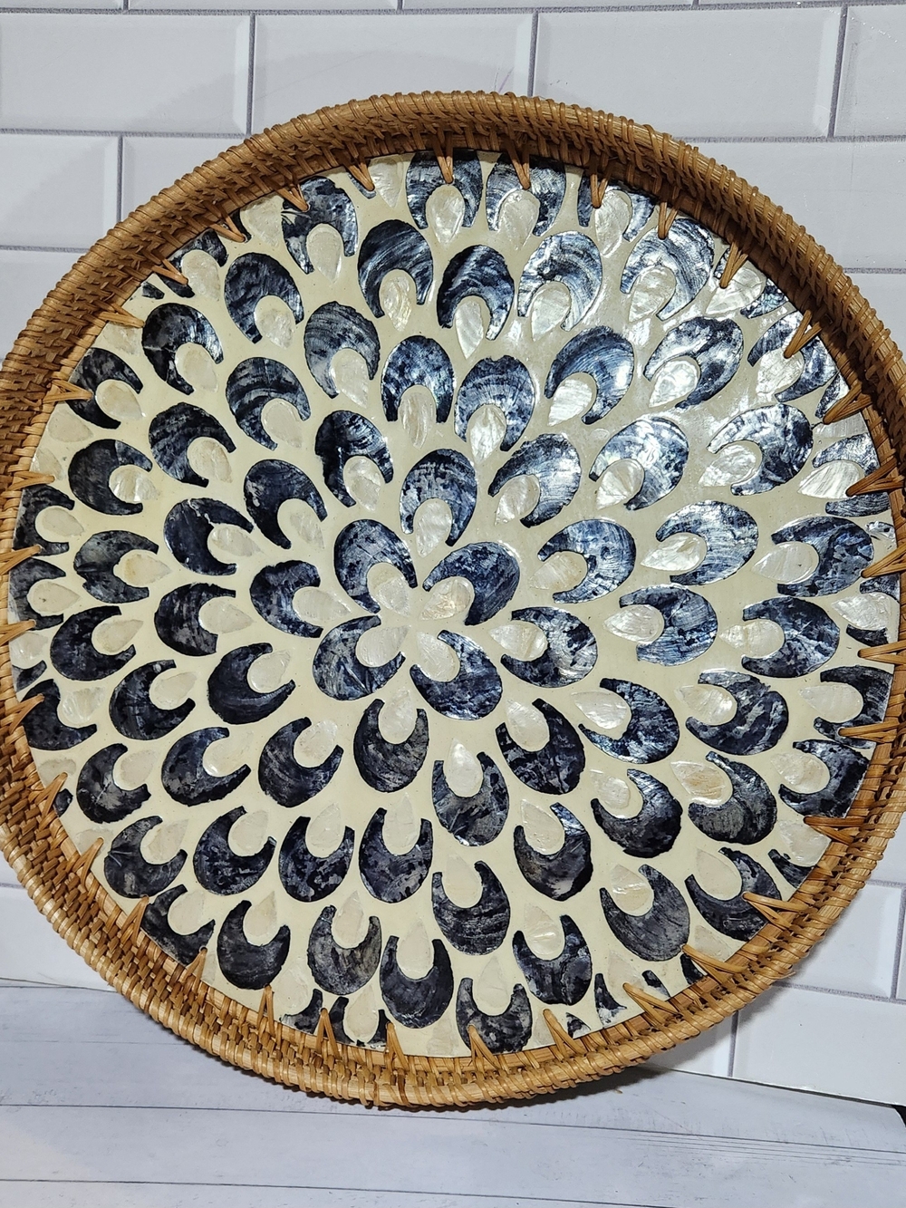 13.5" Round Rattan Tray w/ Mother of Pearl Inlay - Wooden Base Serving Basket